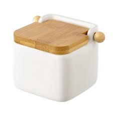 Salero/Especiero/Condimentero Marca VESSIA Ceramica Blanca Tapa Bamboo Cap. 800 ml. Medidas; 11 x 11 x 11 de alto Cod. 90961