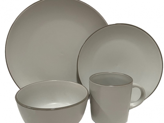 JUEGO VAJILLA STONEWARE 16 PIEZAS COLOR BLANCO BORDE GRIS COD. 256043