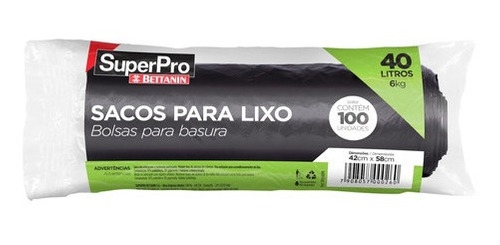 BOLSA RESIDUOS BETTANIN SUPER PRO  ROLLO 100 UNIDADES 40 LITROS 55 X 55 COD. SP18040PRL