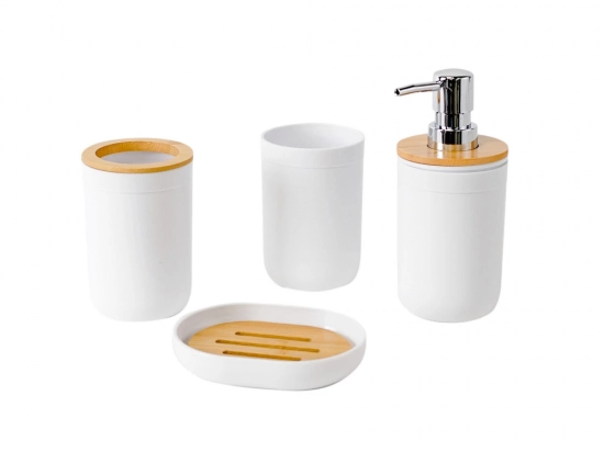 SET BAÑO 4 PIEZAS PLASTICO Y BAMBOO Color; blanco (Cod. HC1469,23SW113), gris (Cod. HC1465  23SW117 )o negro (Cod. HC1466  23SW117)