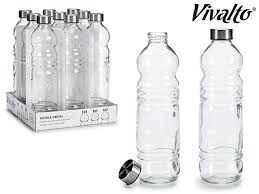 Botella de Vidrio con Tapa de Acero Inoxidable a Rosca Cap. 1,1 lt. Marca VIVALTO Cod. 72158