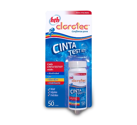 Cinta Test Marca  CLOROTEC para piscinas . Mide Alcalinidad, PH, Cloro Libre y Estabilizante. Contiene 50 Cintas. Cod. 7059