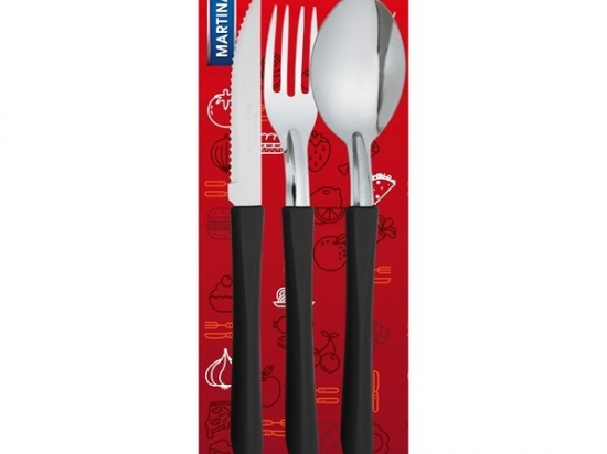 Cubiertos MARTINAZZO Pack x 3 Contiene; 1 Cuchillo + 1 Tenedor + 1 Cuchara Cabo Negro Cod. HA3435/803 25/5