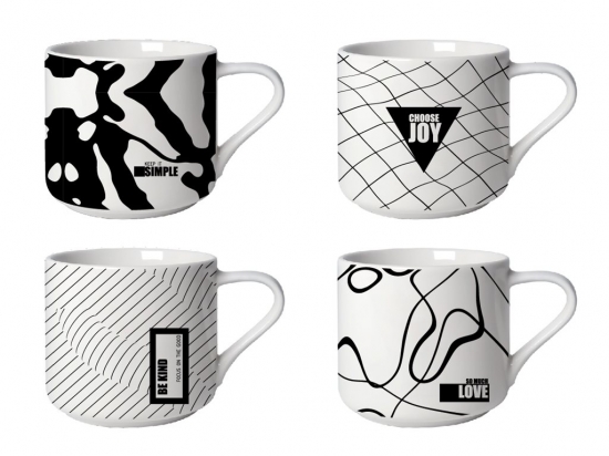 TAZA MUG BAJO CERAMICA SELECTA 350 ML. DISEÑOS BLANCO Y NEGRO COD. 386079