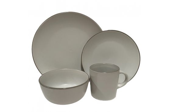 JUEGO VAJILLA STONEWARE 16 PIEZAS COLOR BLANCO BORDE GRIS COD. 256043