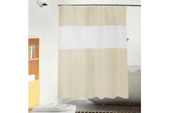 CORTINA BAÑO SELECTA SANITARY 180 X 2 MTS. SIN AROS CON VISOR BEIGE Y TRANSPARENTE COD. 465318