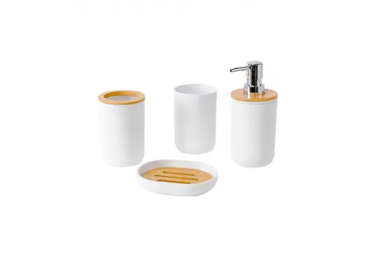 SET BAÑO 4 PIEZAS PLASTICO Y BAMBOO Color; blanco (Cod. HC1469,23SW113), gris (Cod. HC1465  23SW117 )o negro (Cod. HC1466  23SW117)