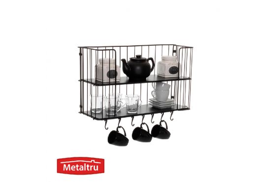 ORGANIZADOR METALTRU 2 ESTANTES ACERO NEGRO CON GANCHOS SOPORTA HASTA 8 KILOS 44 CMS. DE ALTO X 64 CMS. DE LARGO X 23 CMS. DE PROFUNDIDAD  COD. 23312.2.2.2