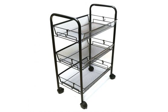 ORGANIZADOR TIPO CARRO CON RUEDAS METAL COLOR NEGRO 3 ESTANTES MEDIDAS; 44 X 64 X 27 COD. G2298