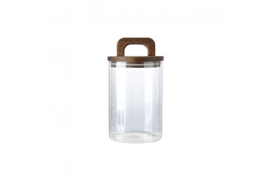 Frasco Vidrio Marca SELECTA Modelo BORO Tapa Macera Acacia Cap. 800 ml. Medidas; 17,3 de alto X 10 cms. Diámetro Cod. 419003S