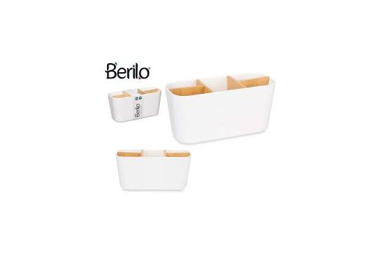 Organizador Marca BERILO Plastico y Bamboo con 5 Divisiones Medidas; 21 cms. de largo x 9 de ancho y 10 de alto Color Blanco Cod. 89423