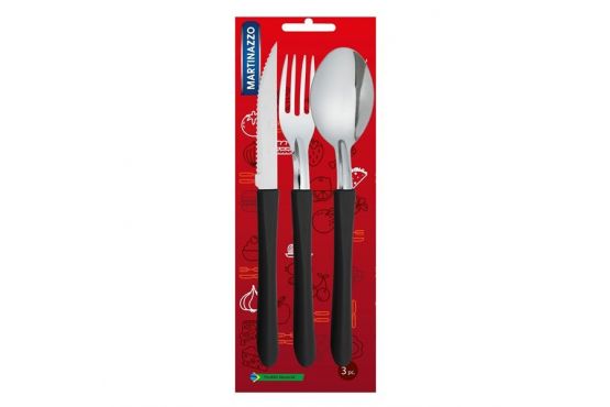 Cubiertos MARTINAZZO Pack x 3 Contiene; 1 Cuchillo + 1 Tenedor + 1 Cuchara Cabo Negro Cod. HA3435/803 25/5