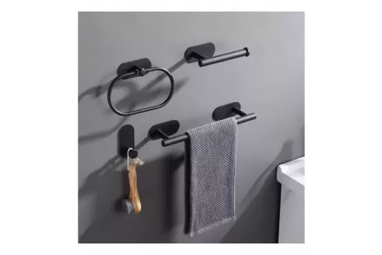 SET DE ACCESORIOS PARA BAÑO AUTOADHESIVO, COLOR; NEGRO MATE, INCLUYE; PORTA ROLLO, COLGADOR MULTIUSO, PORTA TOALLA DE MANO, PORTA TOALLA DE BAÑO. COD. EG1947