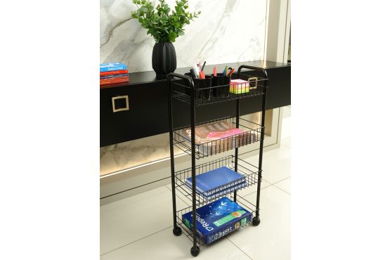 CARRO ORGANIZADOR BAÑO-COCINA FUTURE 4 CESTAS DESMONTABLES NEGRO C/RUEDAS 23,5 X 42,5 X 86,5  COD. FU255PT, CROMADO COD. FU255