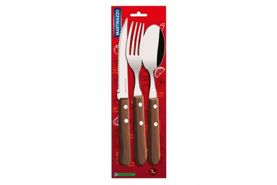 Cubiertos MARTINAZZO Pack x 3 Contiene; 1 Cuchillo, 1 Tenedor, 1 Cuchara Cabo Madera Cod. HA3496